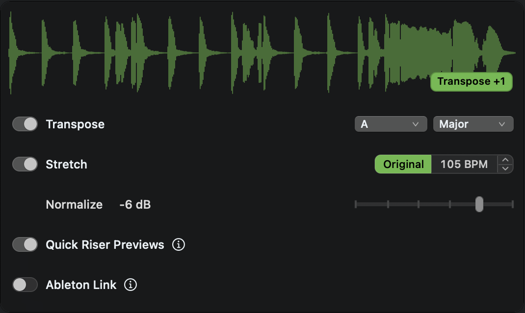 Finder Audio Tools waveform showing Transpose +1, A Major, Original timing, and 105 BPM.