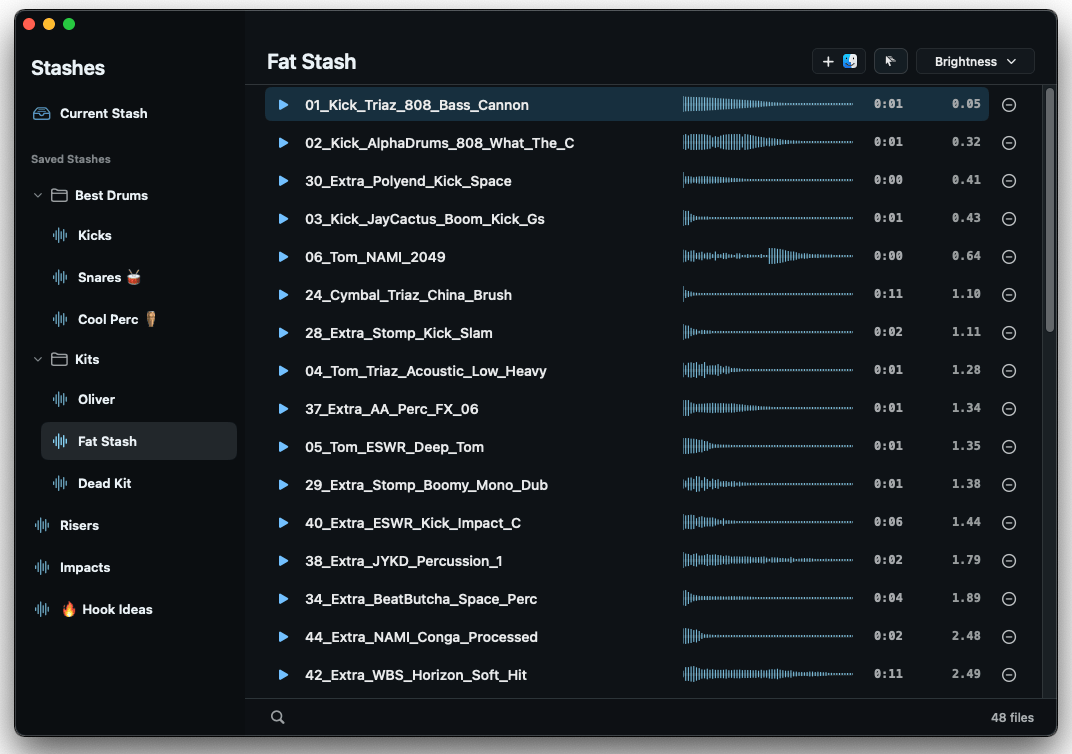 Finder Audio Tools Stashes window showing sample collections